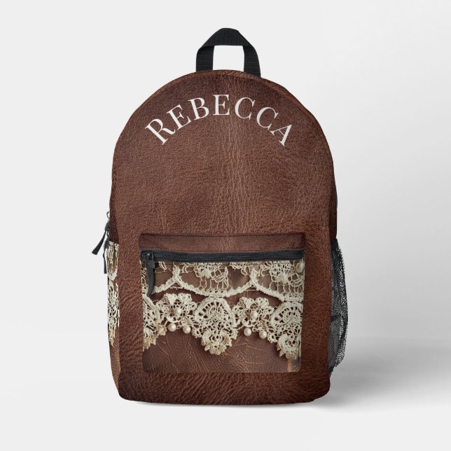 Rustikaler Western Leder und antike Spitze Bedruckter Rucksack (Vorderseite)