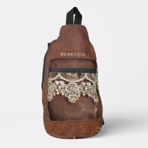 Rustikaler Western Leder und antike Spitze Crossbody Bag