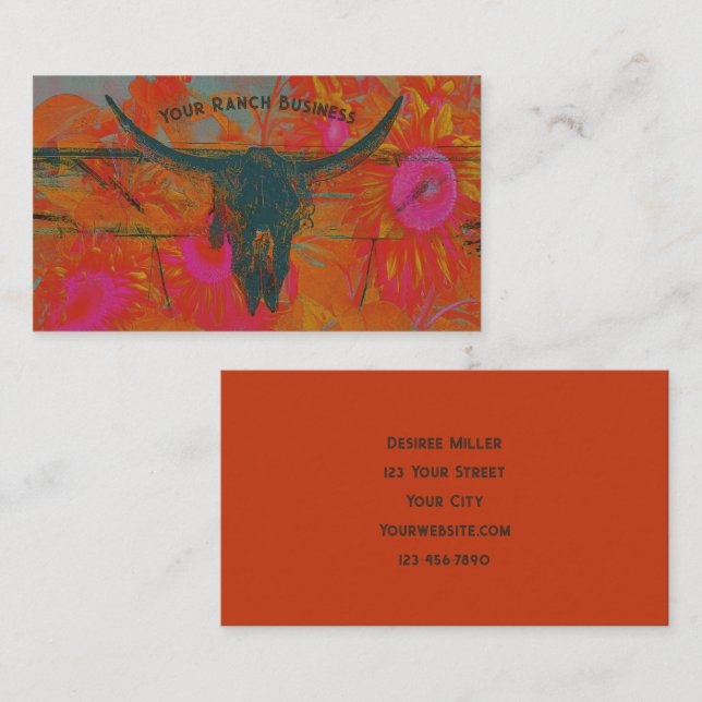 Rustikaler Western Orange Pink Sunflowers Bull Sku Visitenkarte (Vorne/Hinten)