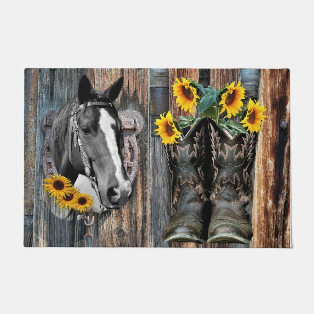 Rustikaler Western Pferde Cowboy Stiefel Sonnenblu Fußmatte (Vorderseite)