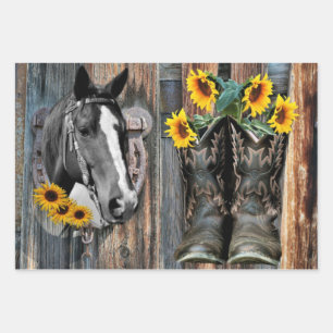 Rustikaler Western Pferde Cowboy Stiefel Sonnenblu Geschenkpapier Set