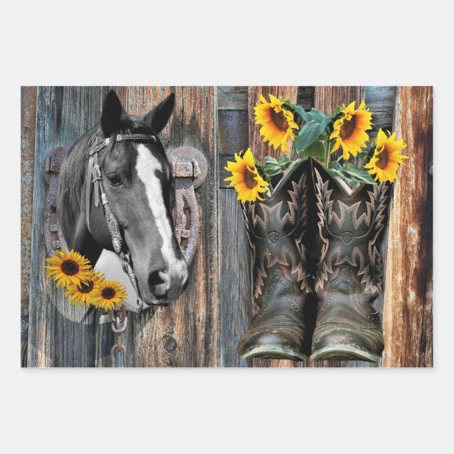 Rustikaler Western Pferde Cowboy Stiefel Sonnenblu Geschenkpapier Set (Vorderseite)
