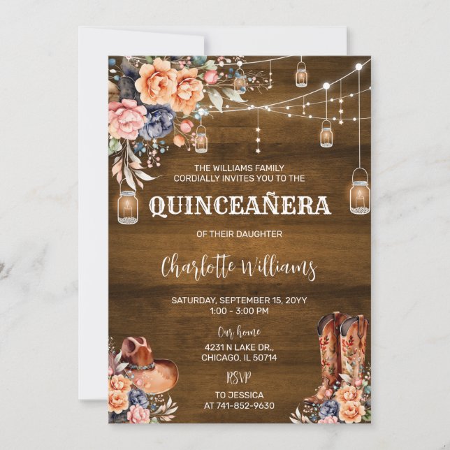 Rustikaler Western Quinceañera Einladung (Vorderseite)