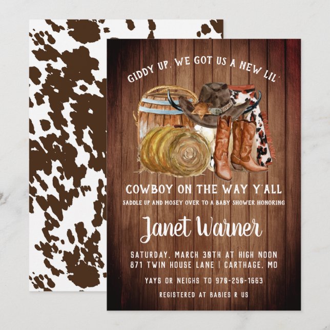 Rustikaler Western Rodeo Cowboy Babydusche Einladu Einladung (Vorne/Hinten)