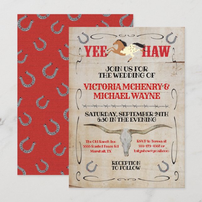 Rustikaler Western Rodeo Cowboy Wedding Einladung (Vorne/Hinten)