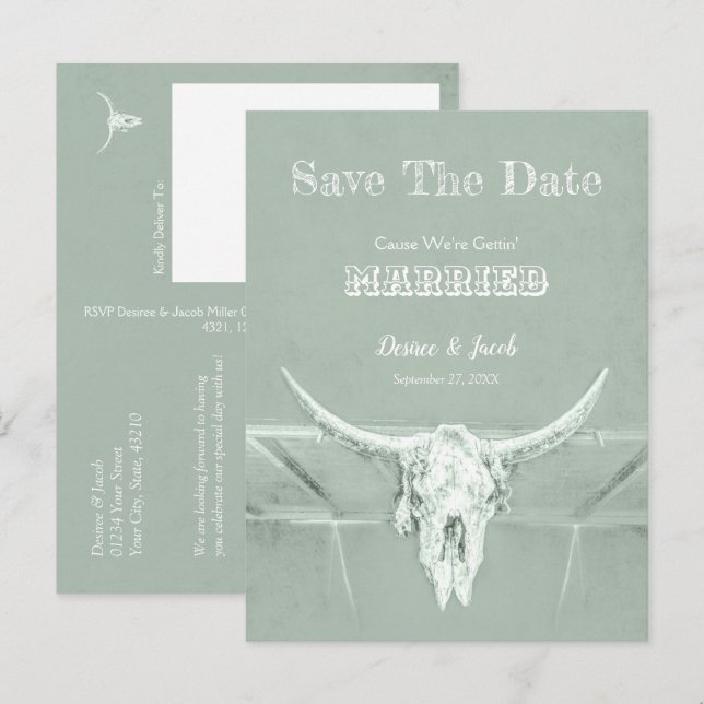 Rustikaler Western Schädeldecke Grün Save the Date Postkarte (Vorne/Hinten)