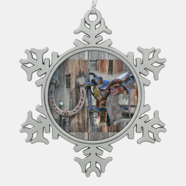 Rustikaler Western Schneeflocken Zinn-Ornament (Vorderseite)