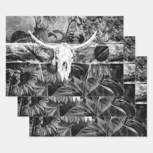 Rustikaler Western Schwarz-Weiß-Blütenschädel Geschenkpapier Set