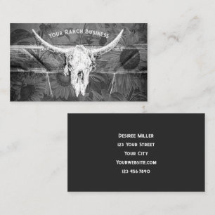 Rustikaler Western Schwarz-weiß Sonnenblumen Bull Visitenkarte