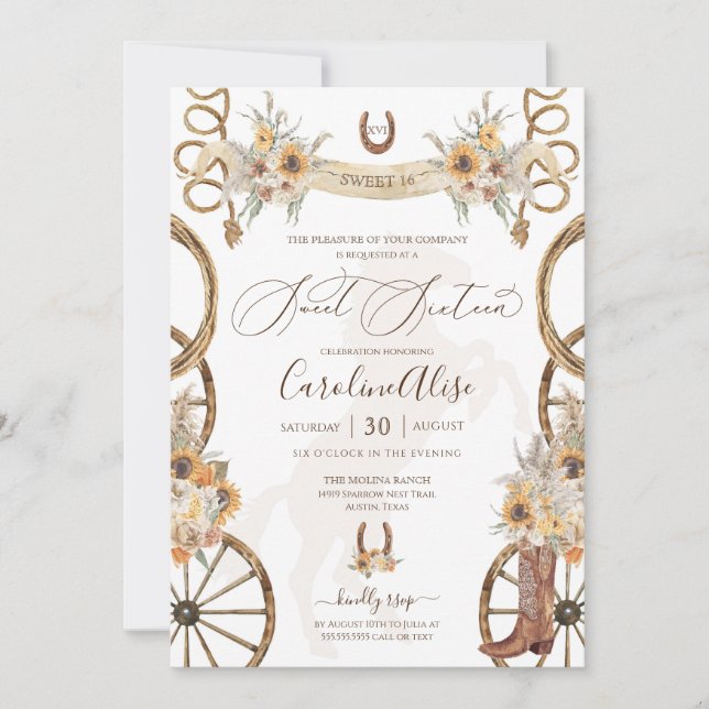 Rustikaler Western Sonnenblume Boho Sweet 16 Einladung (Vorderseite)