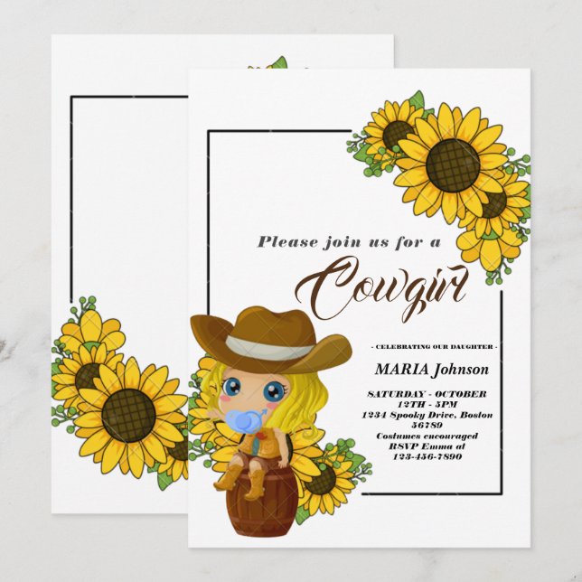 Rustikaler Western Sonnenblume Cowgirl Babydusche Einladung (Vorne/Hinten)