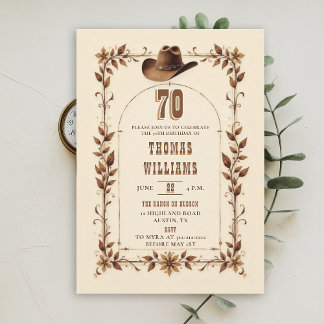 Rustikaler Western-Torbogen-Cowboy zum 70. Geburts Einladung