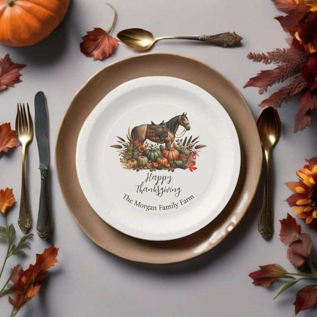 Rustikaler Western Vergnügen Pferd Erntedank Pappteller (Enjoy this Rustic Western Thanksgiving Horse design! Customize with your favorite event!)