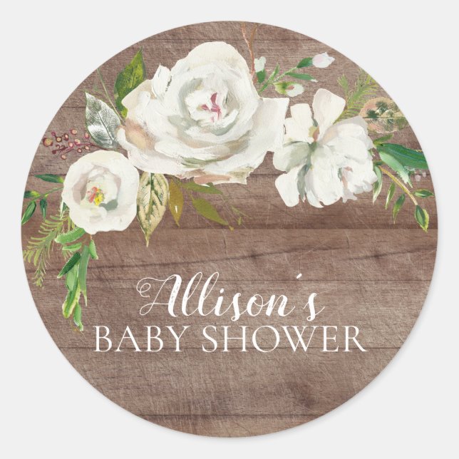 Rustikaler White Floral Baby Dusche Umschlag Aufkl Runder Aufkleber (Vorderseite)