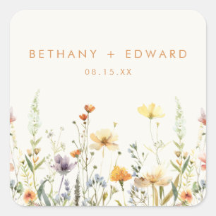 Rustikaler Wildblumen-Hochzeit-Rundsticker Quadratischer Aufkleber