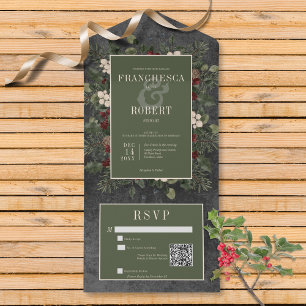 Rustikaler Winter Berries & Pine Black QR Code All In One Einladung