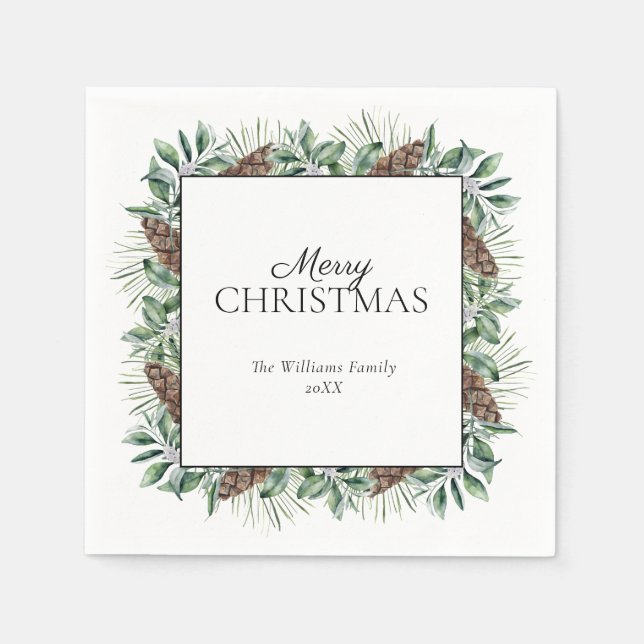 Rustikaler Winter Fir Cone Frohe Weihnachten Serviette (Vorderseite)