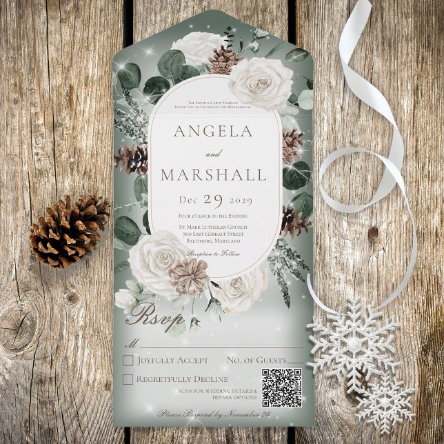 Rustikaler Winter Floral Green Sparkle QR Code All In One Einladung (Von Creator hochgeladen)