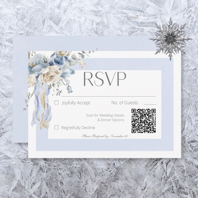 Rustikaler Winter Frosty Blue & White Floral RSVP Karte (Von Creator hochgeladen)