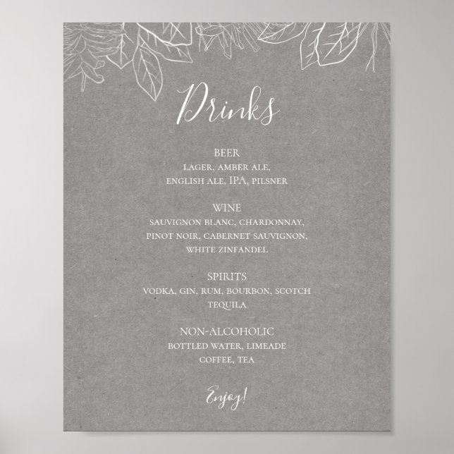 Rustikaler Winter | Gray Wedding Drinks Menu Sign Poster (Vorne)