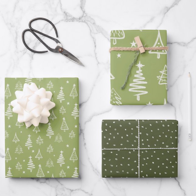 Rustikaler Winter Grüner Weihnachtsbaum und Schnee Geschenkpapier Set (Vorderseite)