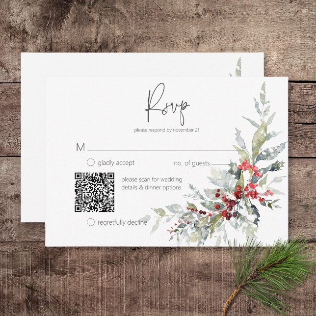 Rustikaler Winter Holly Berries & Snow Wedding QR  RSVP Karte (Rustic Winter Holly Berries & Snow Wedding Response Card with QR Code)