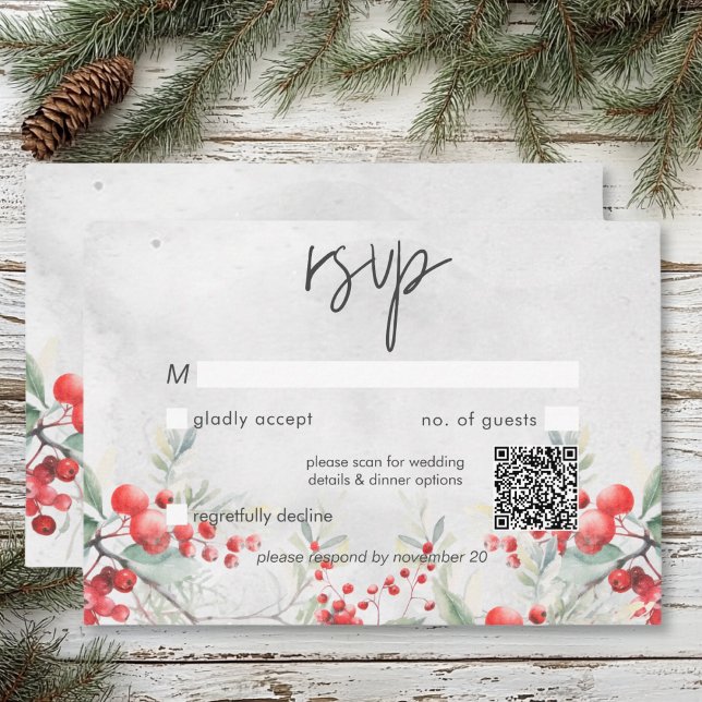 Rustikaler Winter Holly & Pine Wedding QR Code RSVP Karte (Rustic Winter Holly & Pine Wedding QR Code RSVP Card)