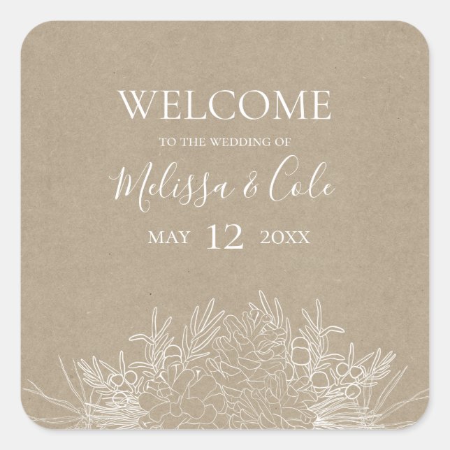 Rustikaler Winter | Kraft Wedding Welcome Quadratischer Aufkleber (Vorderseite)