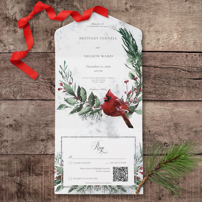 Rustikaler Winter Kranz & Roter Kardinal QR-Code All In One Einladung (Rustic Winter Wreath & Red Cardinal All In One Wedding Invitation with QR Code)
