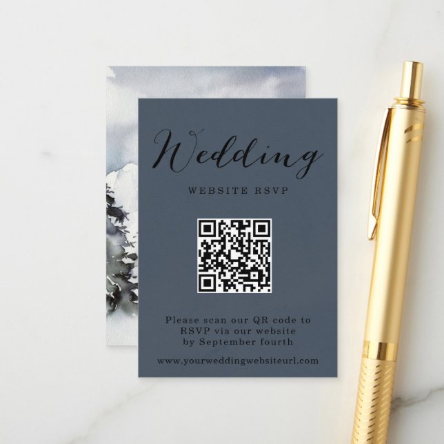Rustikaler Winter Mountain QR Code Wedding Respons Begleitkarte (Vorderseite/Rückseite Beispiel)