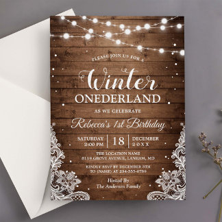 Rustikaler Winter ONEderland Lace Baby erster Gebu Einladung
