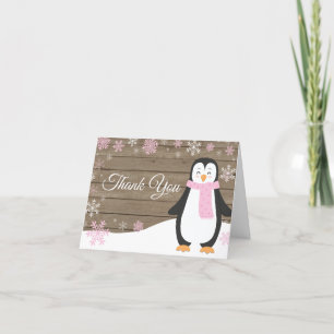 Rustikaler Winter Pinguin Schneeflocke Rosa Dankeskarte