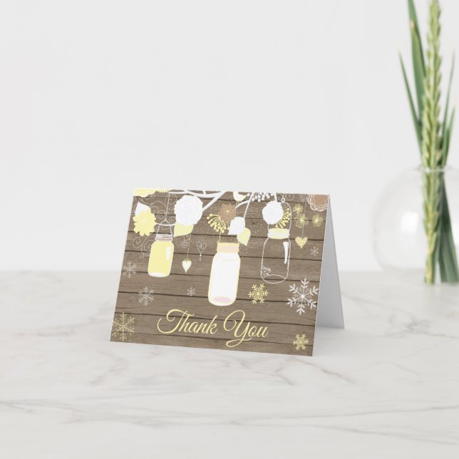 Rustikaler Winter Snowflake Mason Jar Yellow Dankeskarte (Vorderseite)