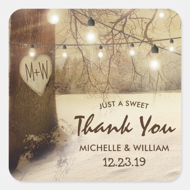 Rustikaler Winterbaum Twinkle Lights Wedding Quadratischer Aufkleber (Vorderseite)