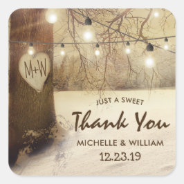 Rustikaler Winterbaum Twinkle Lights Wedding Quadratischer Aufkleber