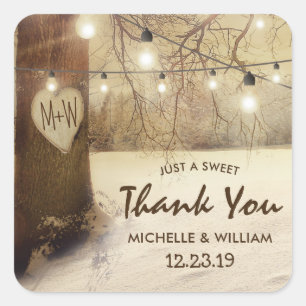 Rustikaler Winterbaum Twinkle Lights Wedding Quadratischer Aufkleber