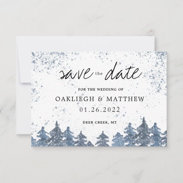 Rustikaler Winterblauer Wald Save the Date (Vorderseite)