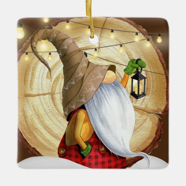 Rustikaler Wintergenom, Schnee, Lichter Weihnachte Keramikornament (Vorderseite)