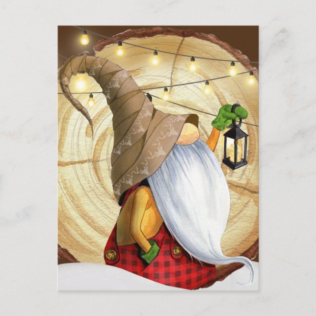 Rustikaler Wintergenom, Schnee, Lichter Weihnachte Postkarte (Vorderseite)