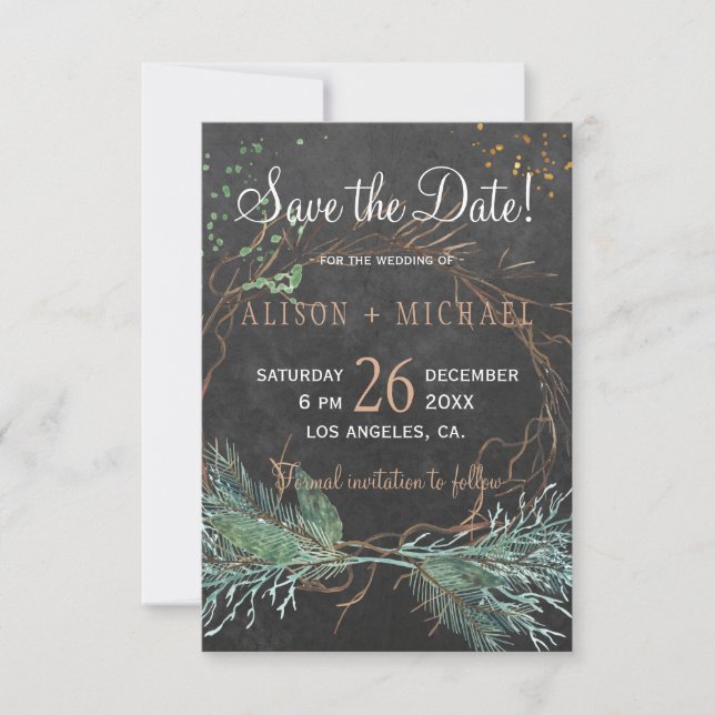 rustikaler Winterkranz mit Halbpension rett Hochze Save The Date (Vorderseite)