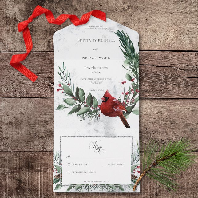 Rustikaler Winterkranz & Roter Kardinal Kein Abend All In One Einladung (Rustic Winter Wreath & Red Cardinal All In One Wedding Invitation without Dinner Options)