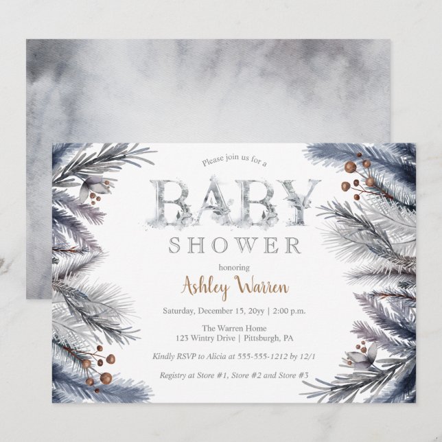 Rustikaler Winterpine | Berries Floral Baby Dusche Einladung (Vorne/Hinten)