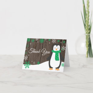 Rustikaler Winterpinguin Grüne Schneeflocke Dankeskarte