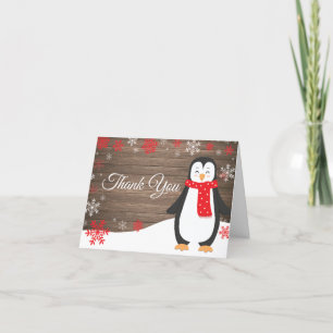 Rustikaler Winterpinguin Red Snowflake Dankeskarte