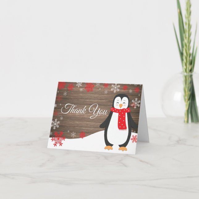 Rustikaler Winterpinguin Red Snowflake Dankeskarte (Vorderseite)