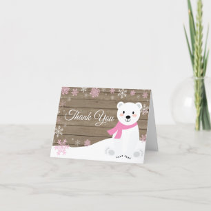 Rustikaler Winterpolarbären Schneeflocken Rosa Dankeskarte