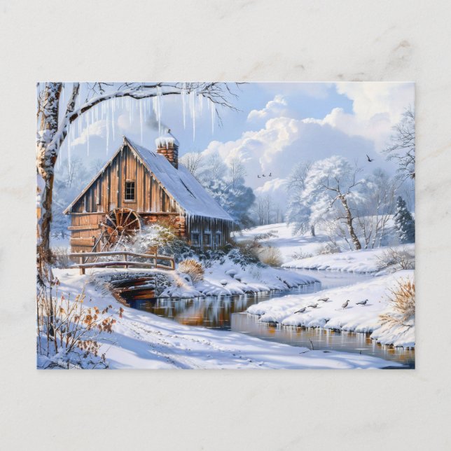 Rustikaler Winterstall durch Froststrahl Postkarte (Vorderseite)