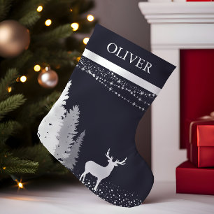 Rustikaler Winterwaldhirsch personalisiertes Monog Kleiner Weihnachtsstrumpf