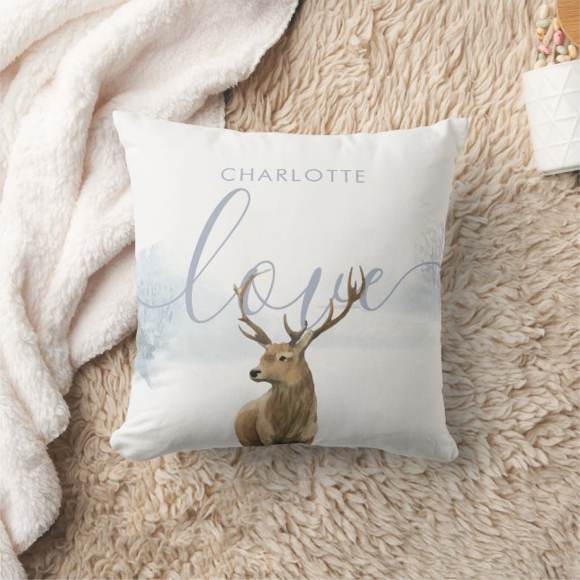 Rustikaler Winterwaldlandszene Stag Personalisiert Kissen (Decke)