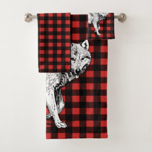 Rustikaler Wolf Red & Black Buffalo Karo Kariert Badhandtuch Set